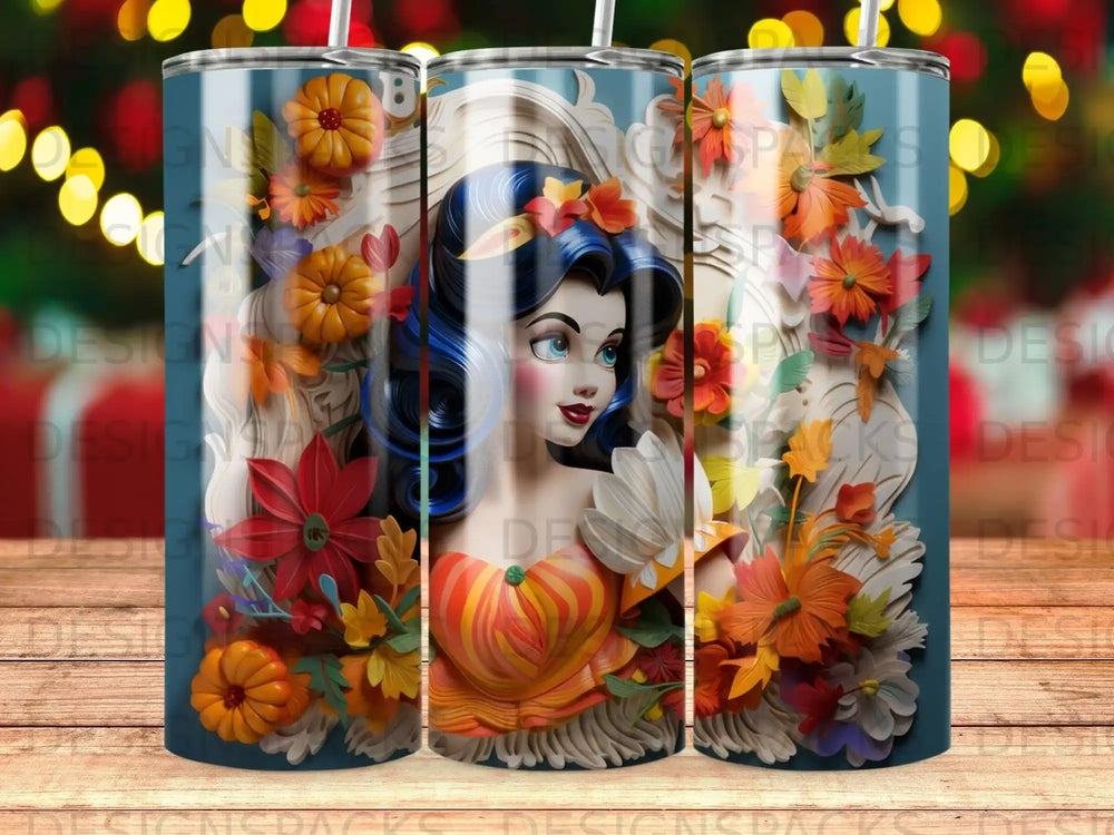 Snow White with pumpkins and autumn flowers on a patterned tumbler.