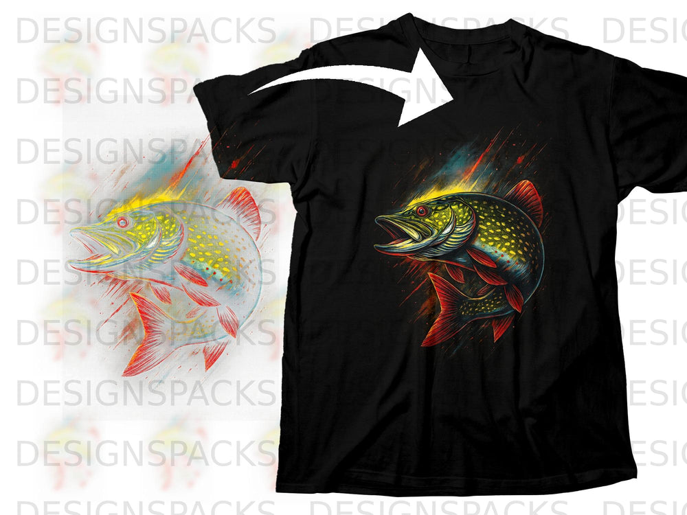 Black t-shirt with a close-up graphic of a predatory fish with vibrant scales.