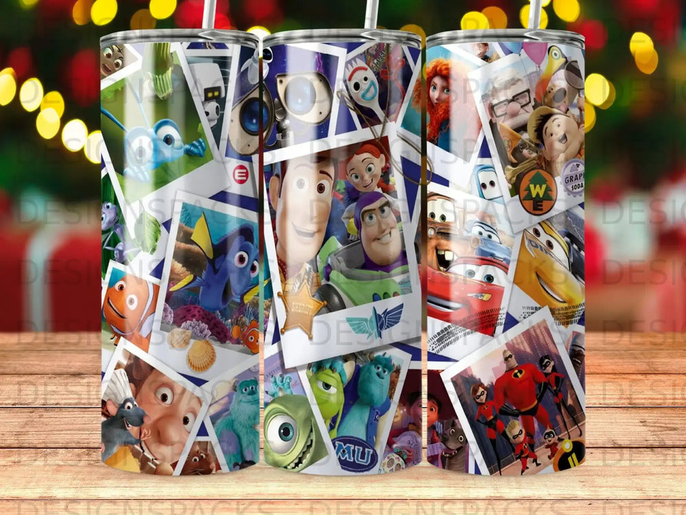 Collage of characters from Disney Pixar movies on a tumbler.