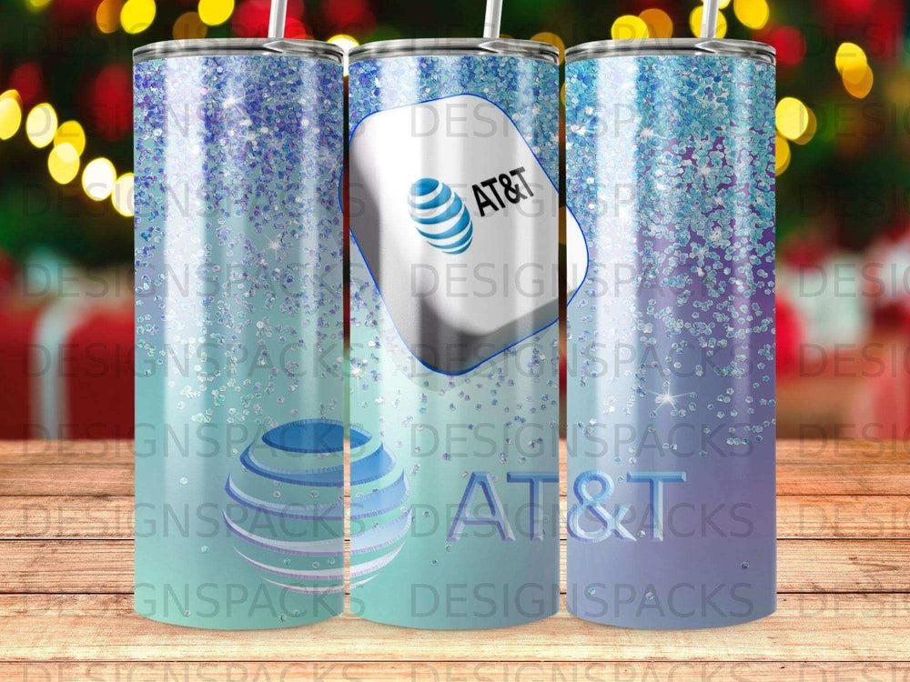 Three glitter-covered tumblers featuring the AT&T logo.