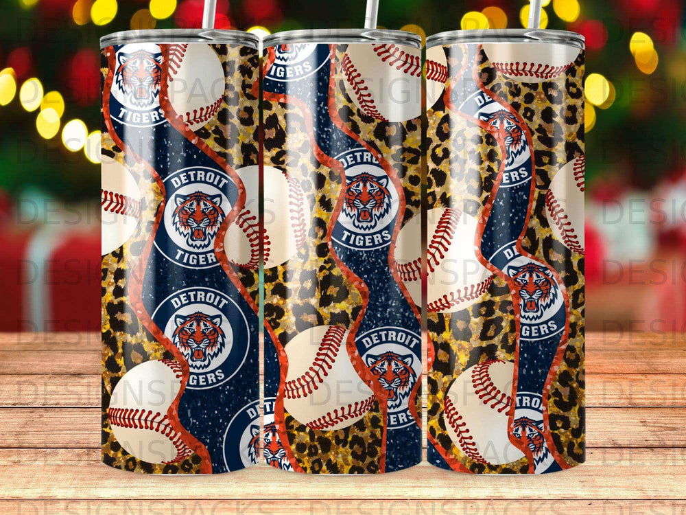 Detroit Tigers baseball and leopard print pattern on three tumblers.