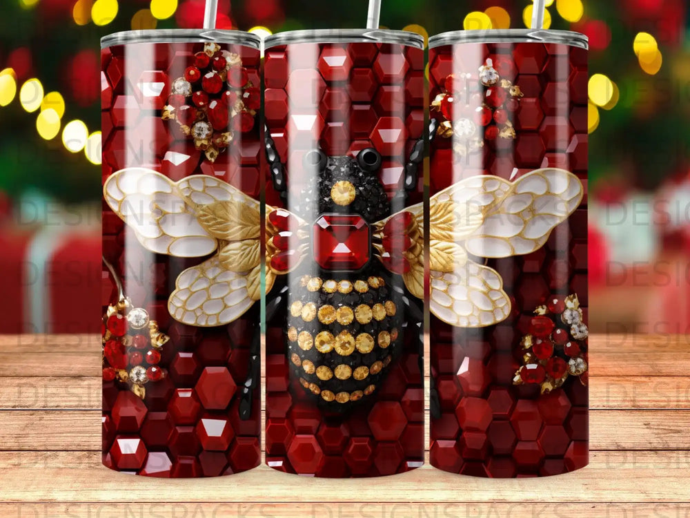 Red honeycomb pattern with a jeweled bee design and ornate embellishments.