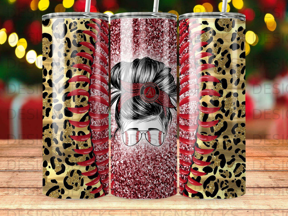 Leopard print tumbler with baseball and red lips design.