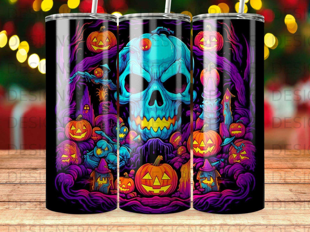Halloween scene with skull, pumpkins, and spooky trees on a tumbler.