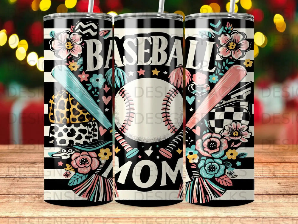 Baseball Mom tumbler with floral and bats pattern.