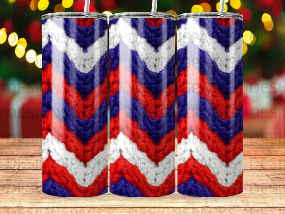 Three tumblers with red, white, and blue chevron knit pattern.