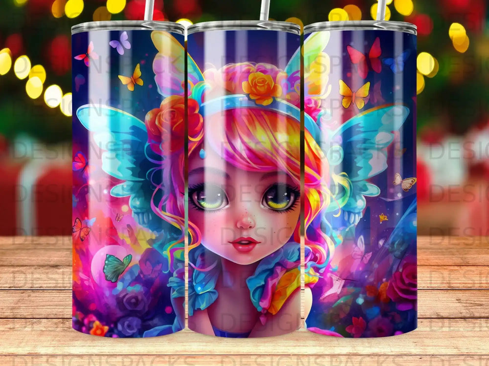 Fantasy fairy character with colorful hair and wings, surrounded by flowers.