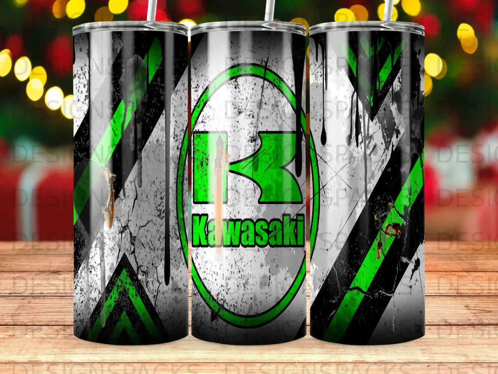 Green and black distressed Kawasaki logo on a tumbler.