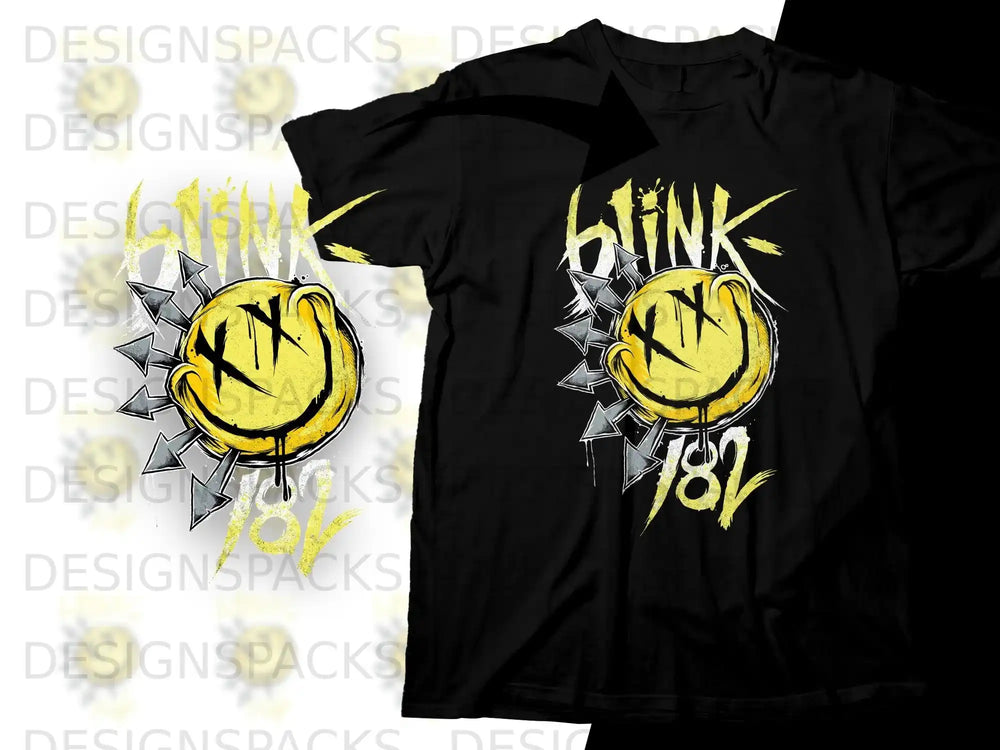 Black t-shirt with yellow smiley face logo and "Blink 182" text.