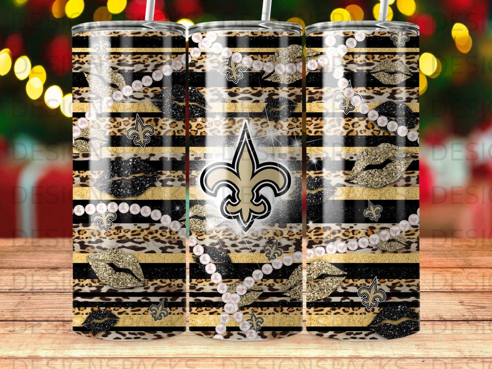 Black and gold Saints logo with leopard print, glitter lips, and pearls.