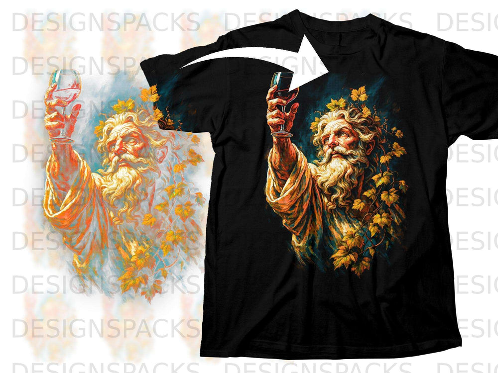 T-shirt with vintage illustration of Dionysus holding a wine glass and adorned with grapevines.