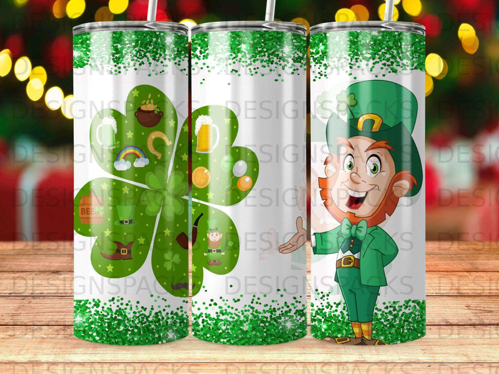 Leprechaun with clover and shamrock pattern on a green tumbler.