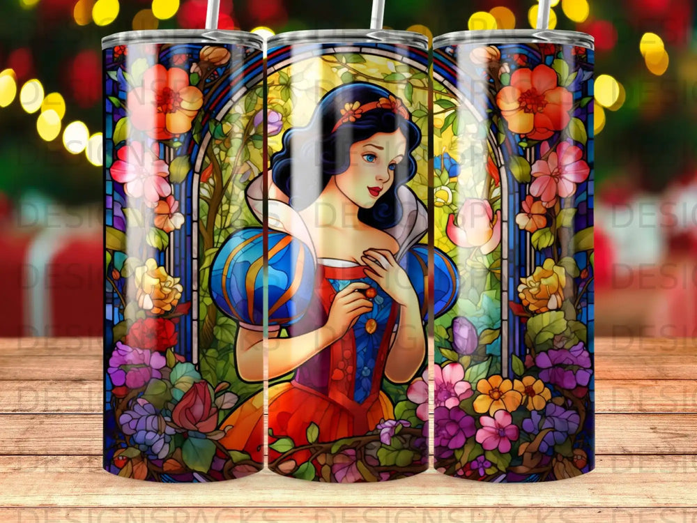 Snow White in stained glass with floral border and bokeh lights.