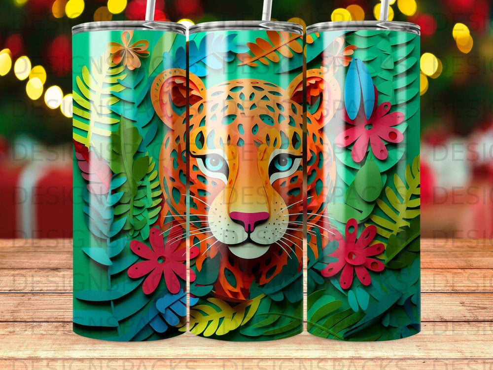 Leopard face surrounded by vibrant green leaves and colorful paper flowers.