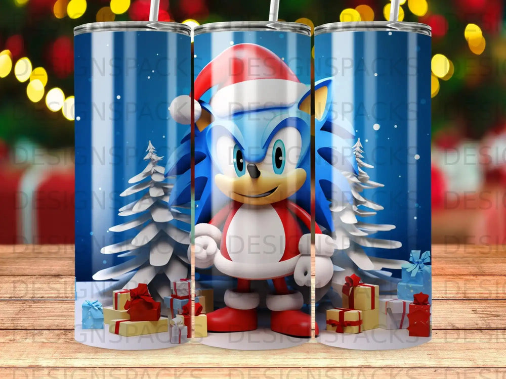 Sonic the Hedgehog wearing a Santa hat and suit, surrounded by presents and snow-covered trees.
