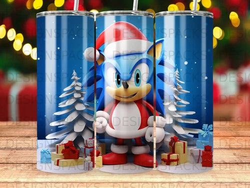 Sonic the Hedgehog wearing a Santa hat and suit, surrounded by presents and snow-covered trees.