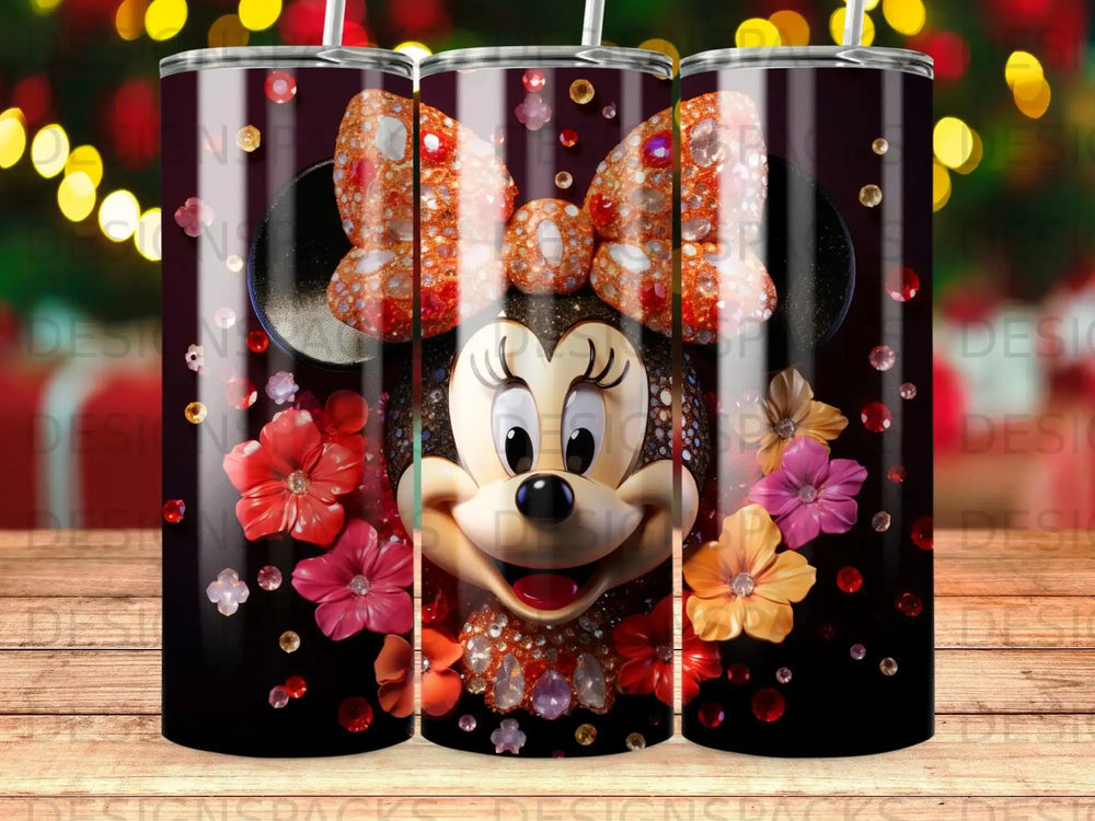Minnie Mouse with red bow and floral accents on a dark background.