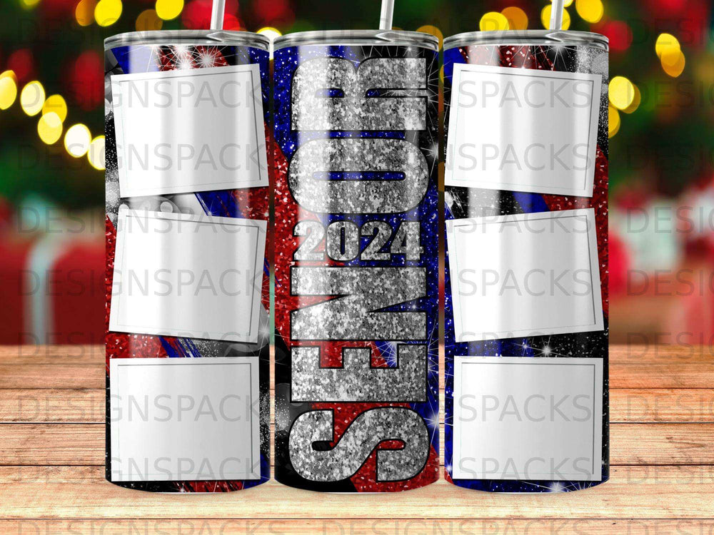 "Senior 2024" text with glitter on a blue, red, and white striped tumbler.