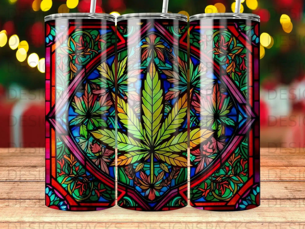 Stained glass pattern featuring a large cannabis leaf in the center.