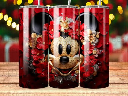 Mickey Mouse head with red floral wreath and gold details.