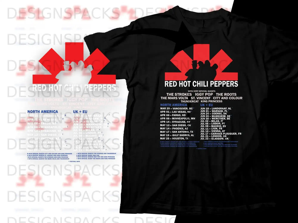 Red Hot Chili Peppers tour shirt with North America and UK/EU dates.