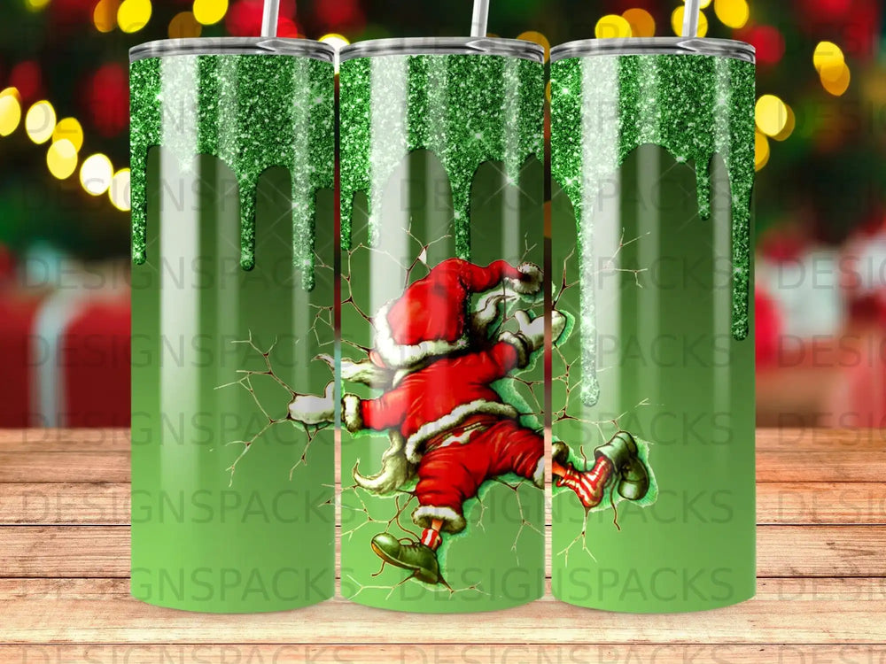 Santa Claus falling through a green glitter crack on a tumbler.