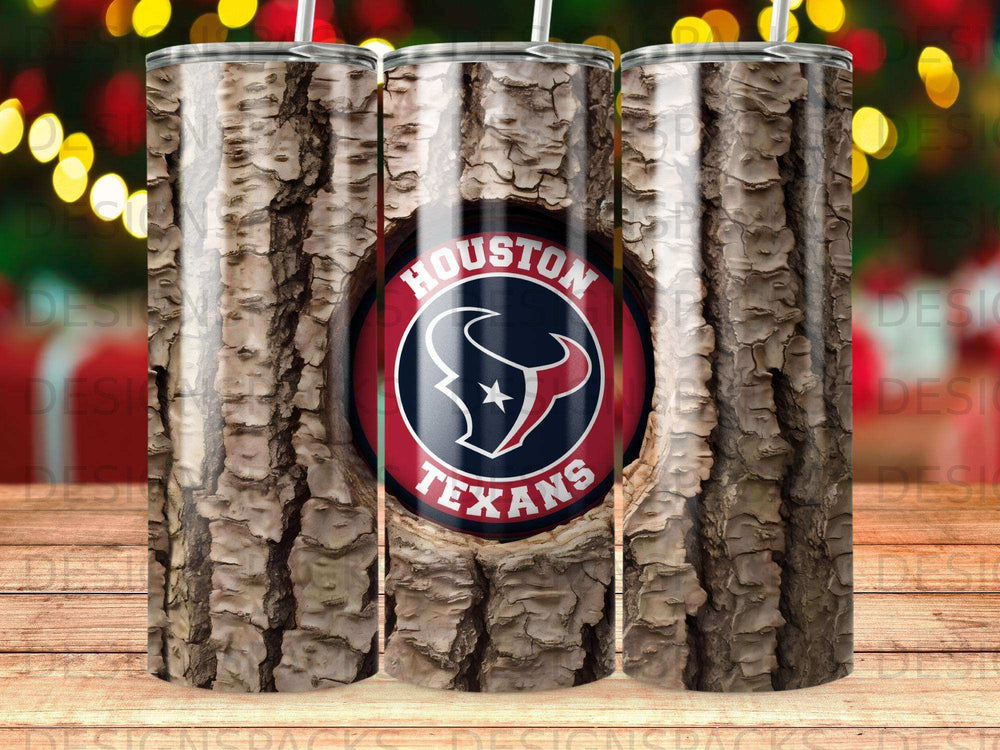 Houston Texans logo on a tumbler with a wood grain pattern.