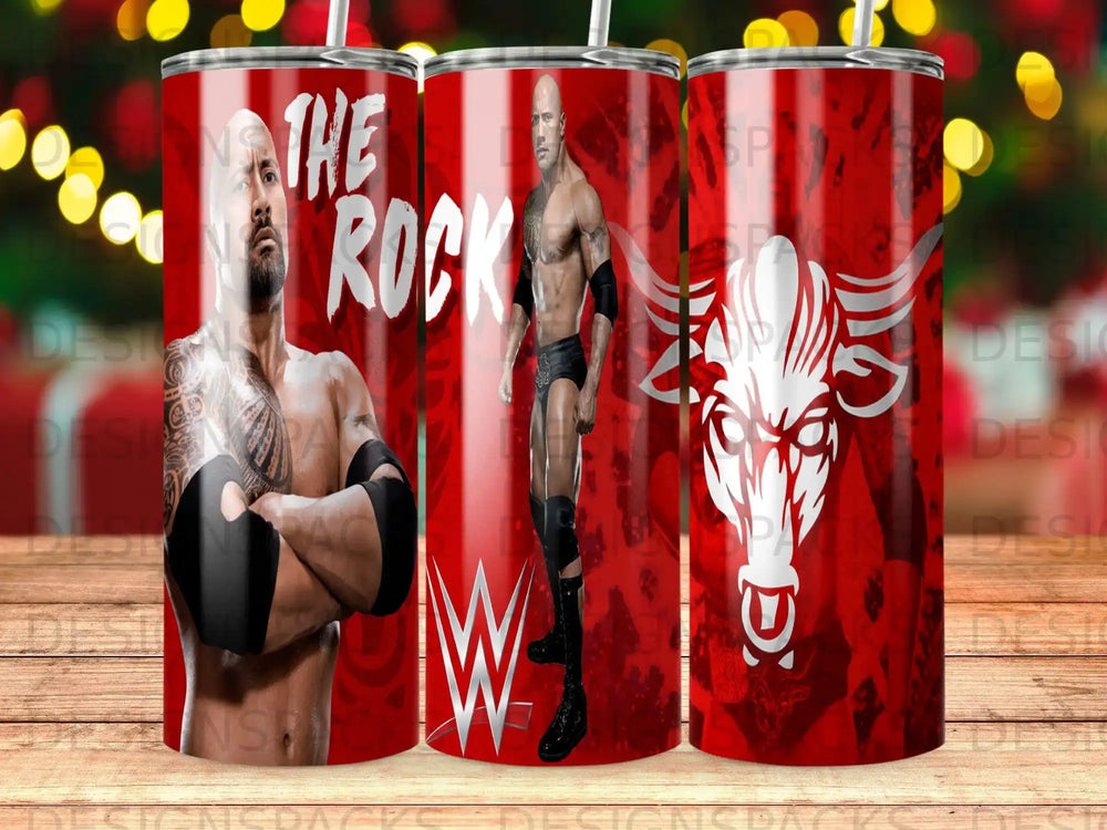 Dwayne "The Rock" Johnson and a bull skull graphic on red background tumblers.