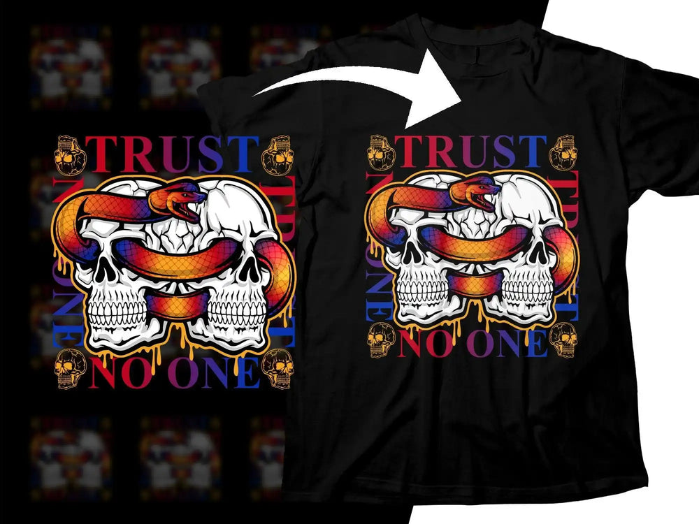 Skull and snake design t-shirt with 'Trust No One' text, vibrant colors, print-ready graphic