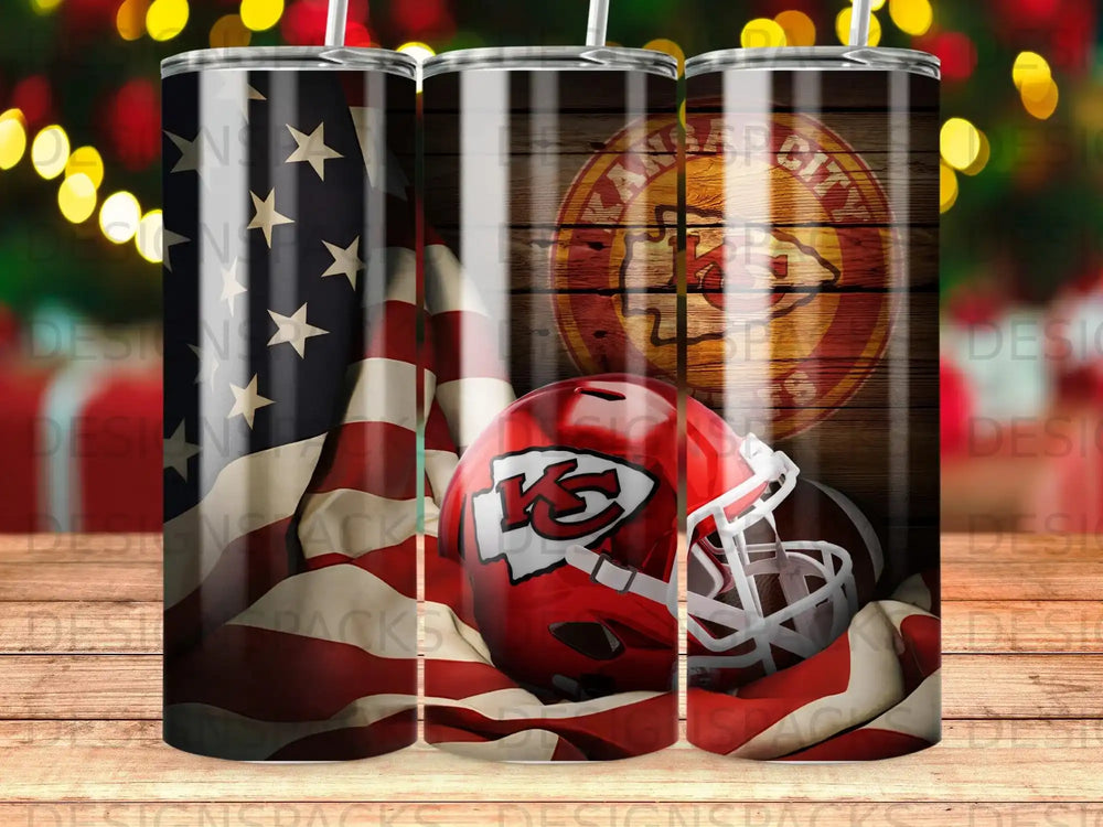 Kansas City Chiefs helmet and football with American flag.