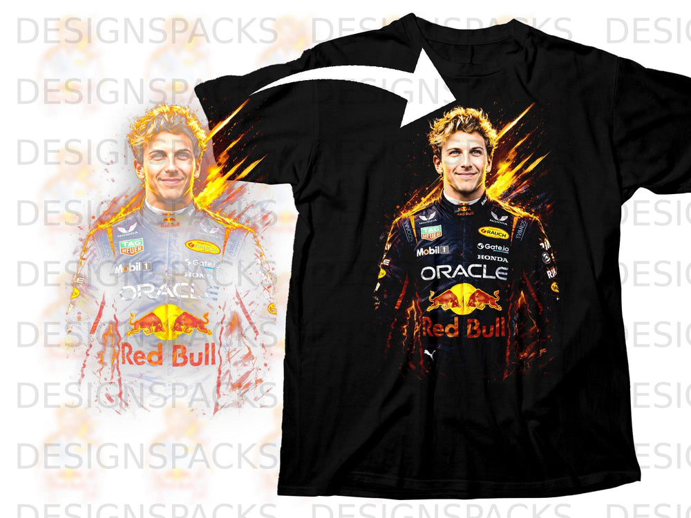 T-shirt featuring a colorful, abstract portrait of a Red Bull racing driver.