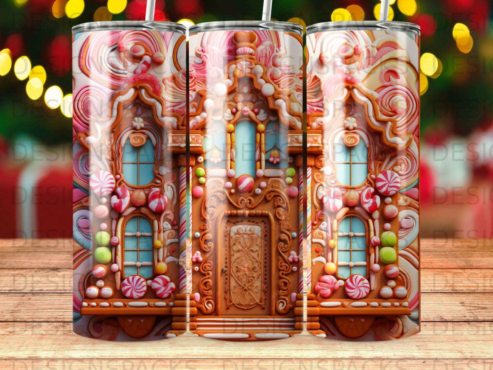 Gingerbread house tumbler with candy decorations and swirling pink background.
