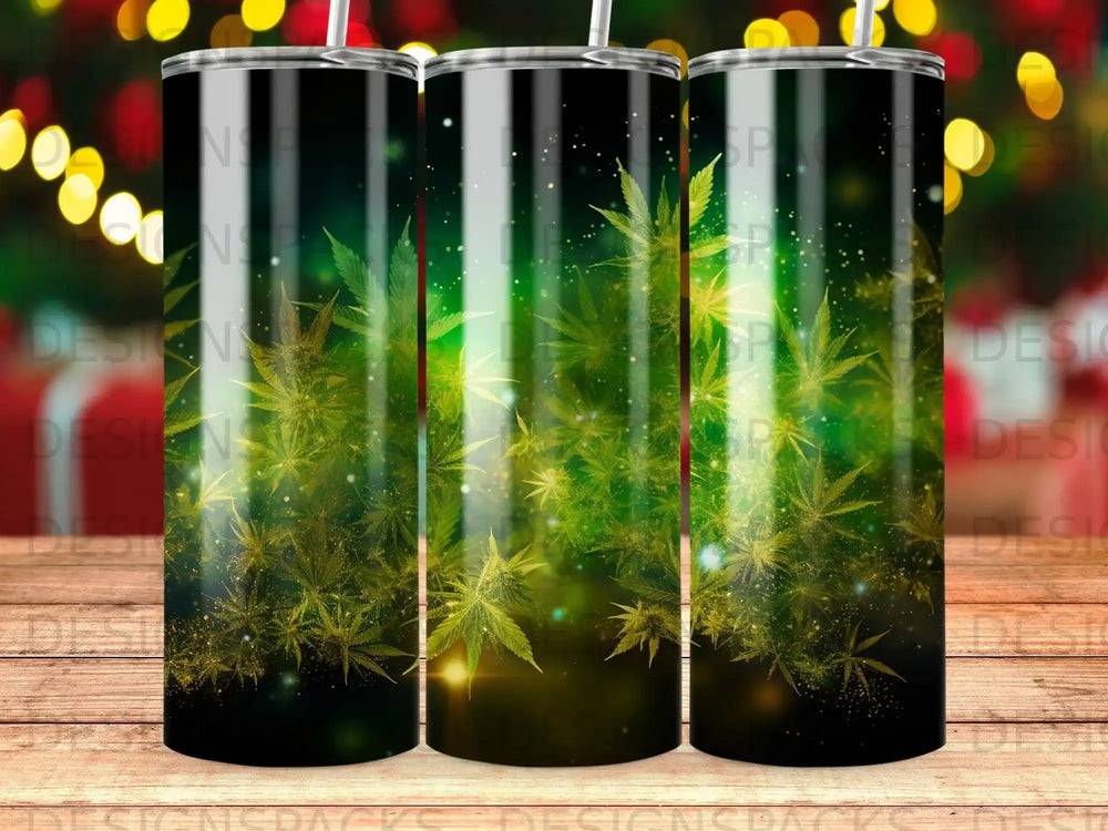 Three tumblers with a green, glittery cannabis leaf design and bokeh lights.