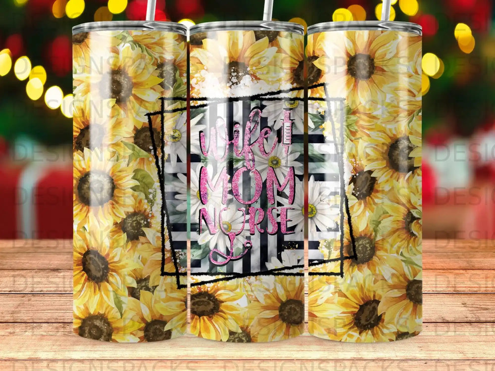 Sunflower tumbler with "Best Mom" text in watercolor floral pattern.