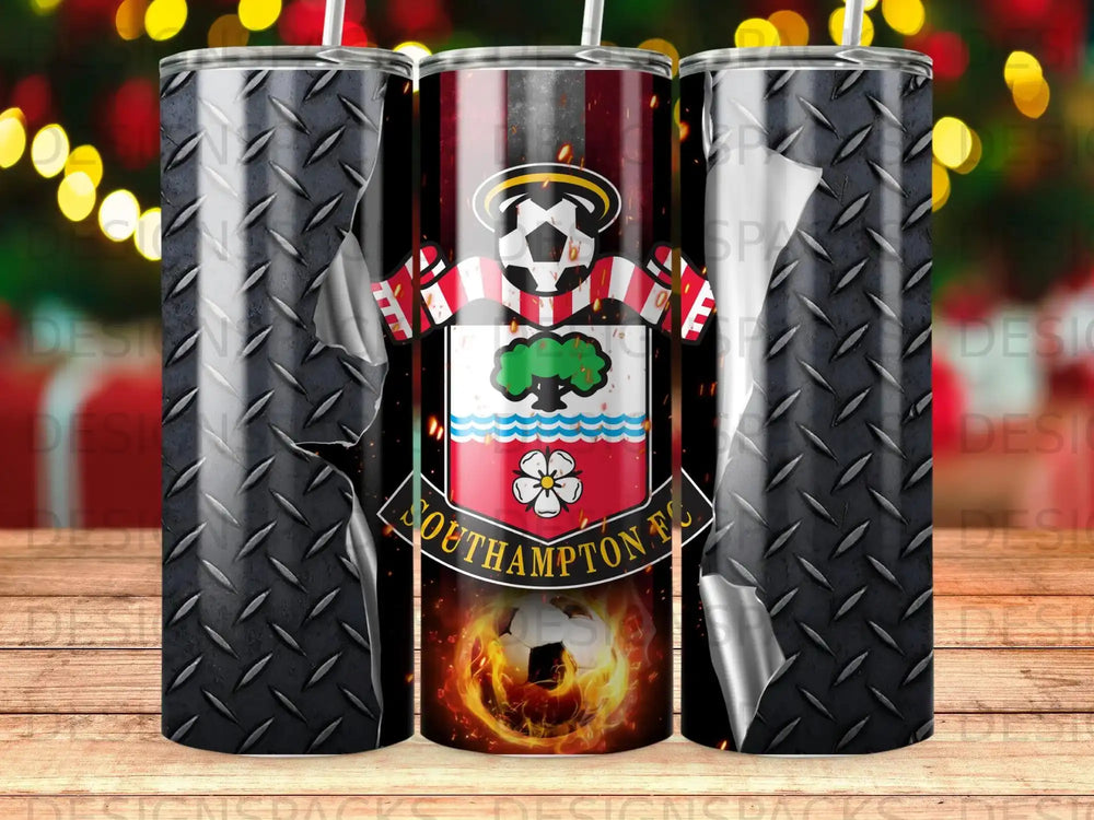 Southampton FC soccer crest with flames on a diamond plate textured tumbler.