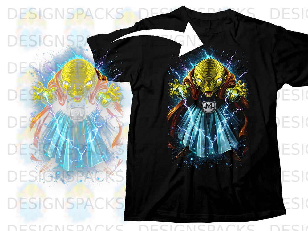 Black t-shirt with a stylized alien character surrounded by blue lightning.