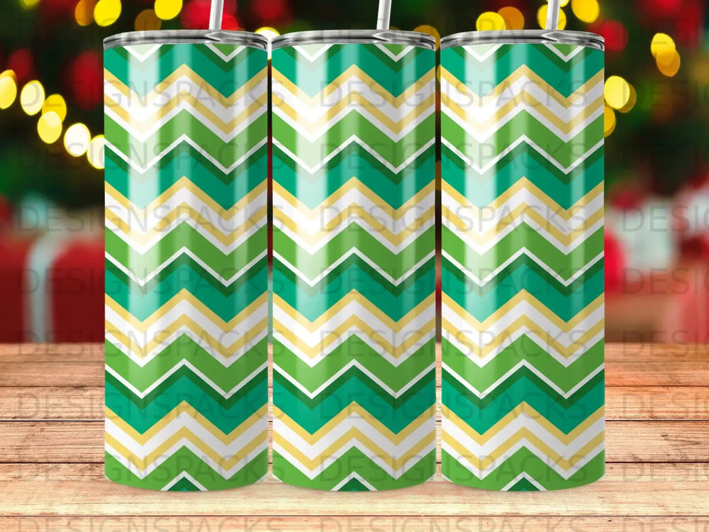 Green, yellow, and white chevron pattern on three tumblers.