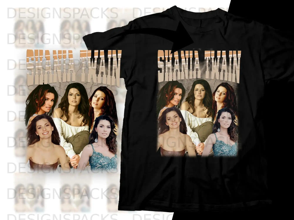 Shania Twain collage featuring four images of the singer on a black t-shirt.