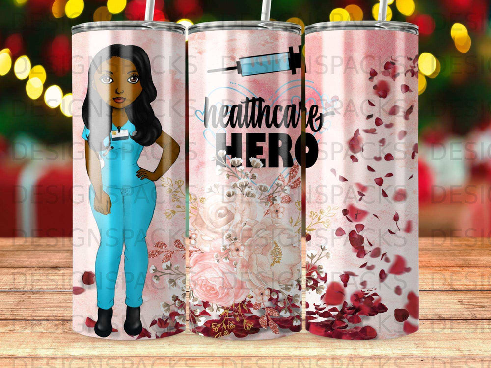 Healthcare Hero tumbler with pink roses and syringe graphic.