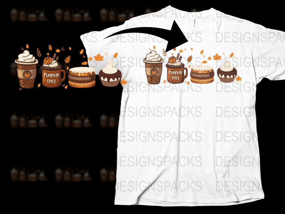 Pumpkin Spice T-Shirt, Autumn Graphic Tee, Fall Season Coffee and Cake Design, Casual Wear