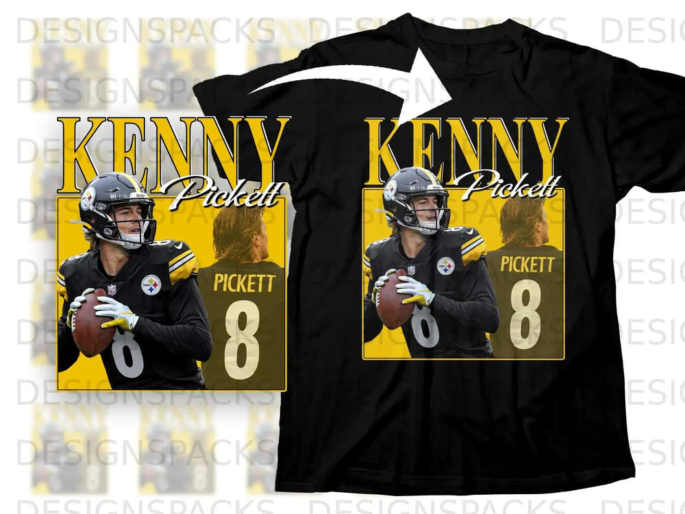 Kenny Pickett Pittsburgh Steelers jersey with number 8 on black t-shirt.