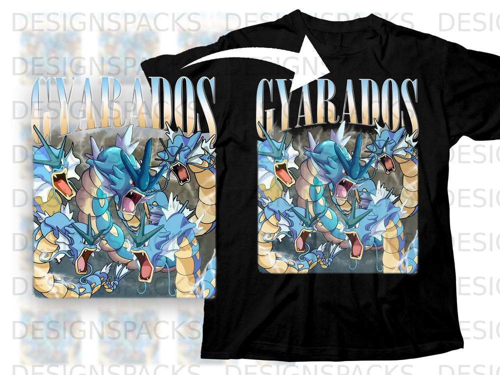 Black t-shirt with a graphic of multiple Gyarados creatures and the text "GYARADOS".
