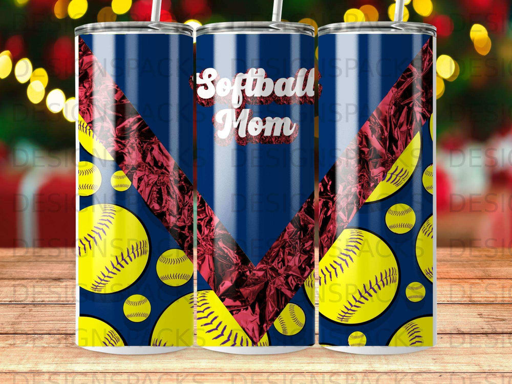 Softball Mom tumbler with yellow baseball stitches and red diamond pattern.