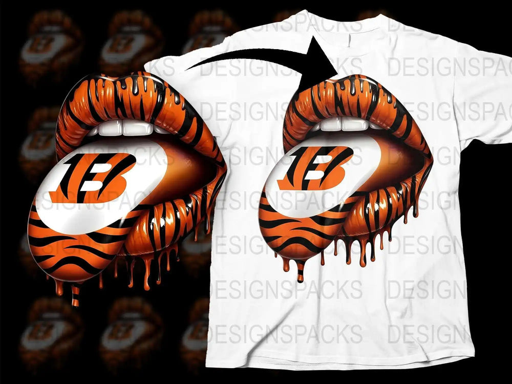 Bold Orange Lip Print T-Shirt, Dripping Tiger Stripe Graphic Tee, Unique Sports Fan Apparel