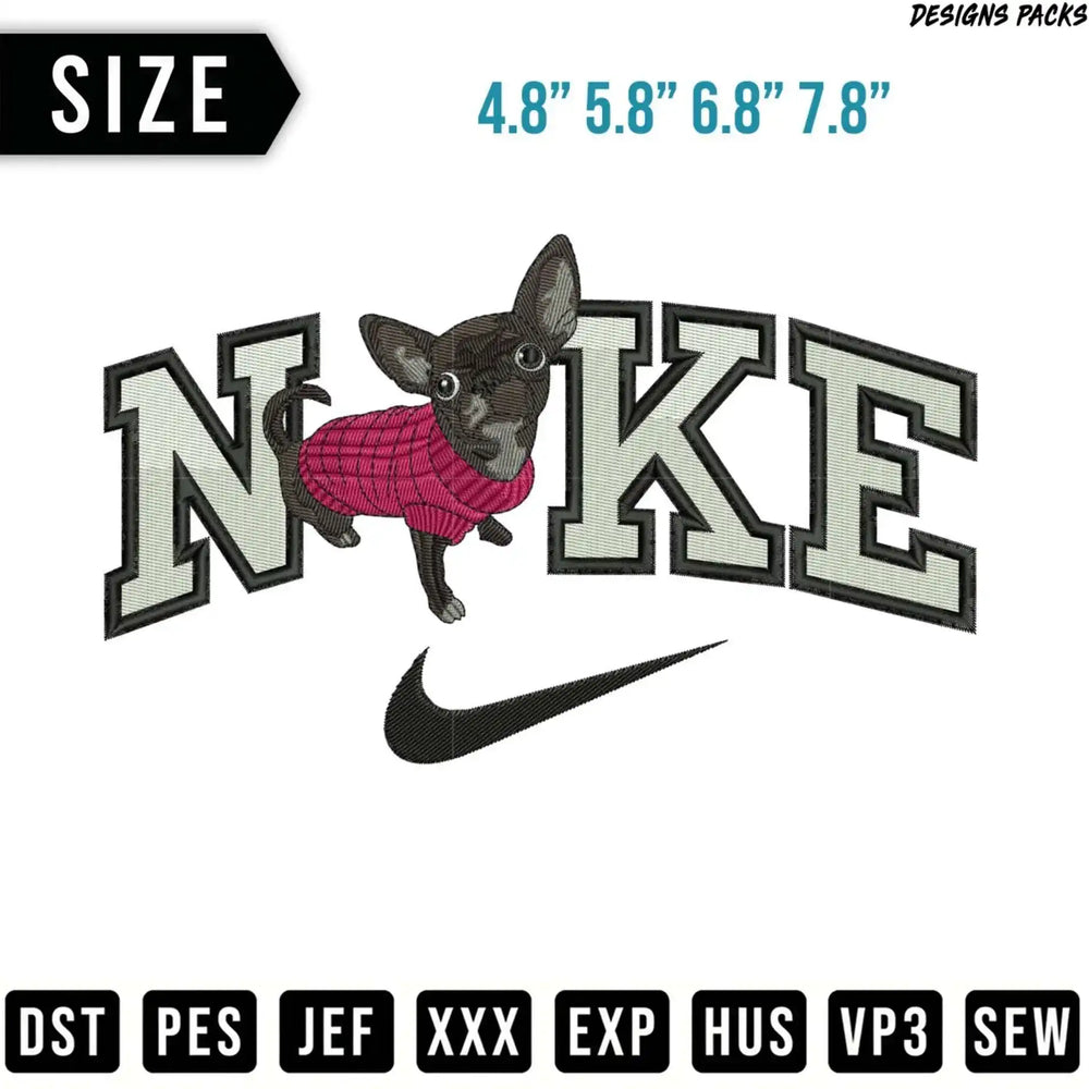 Chihuahua wearing pink sweater in front of Nike logo with sizes listed.