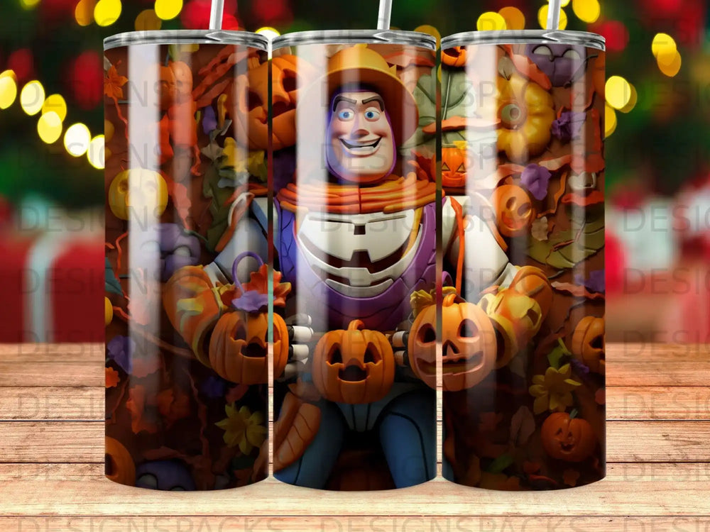 Buzz Lightyear in a Halloween costume holding pumpkins, repeated on a tumbler.