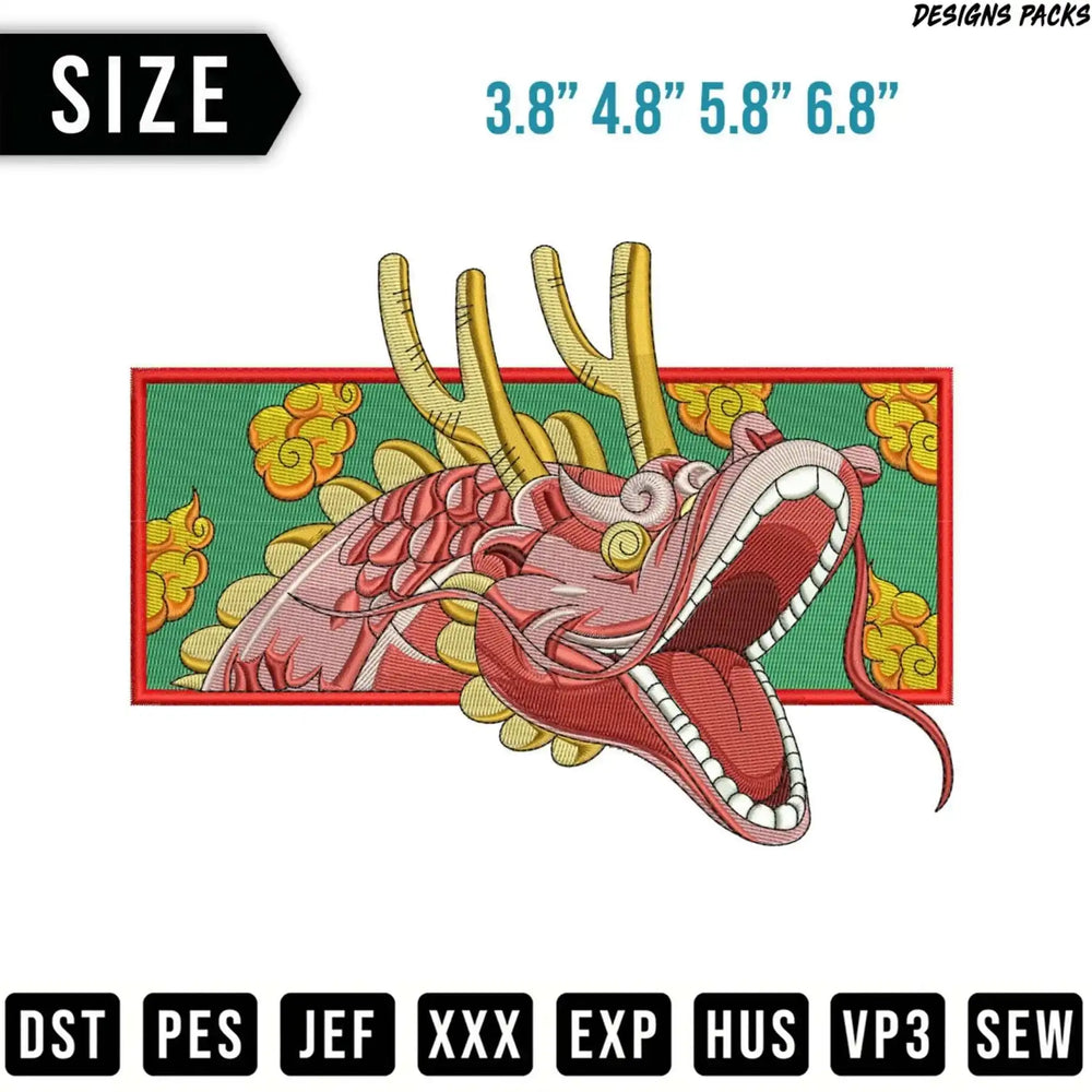 Embroidery design of a red dragon's head, with sizes and file formats listed.
