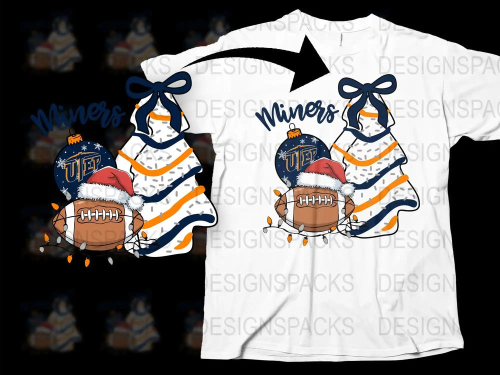 UTEP Miners Themed T-Shirt, College Football Graphic Tee, Blue and Orange Striped Sleeves, Sports Fan Apparel