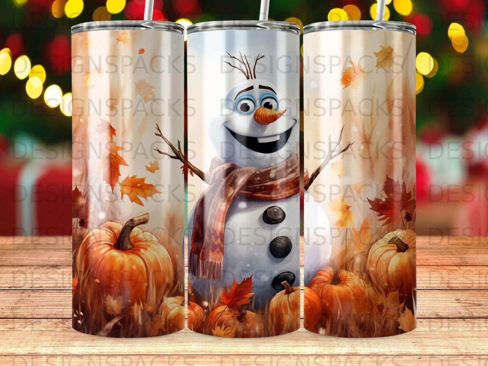Snowman with pumpkins and fall leaves on three tumblers.
