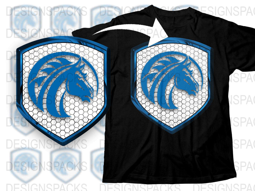 Men's Black T-Shirt with Blue Horse Shield Graphic, Stylish Cotton Tee, Unique Animal Emblem Design